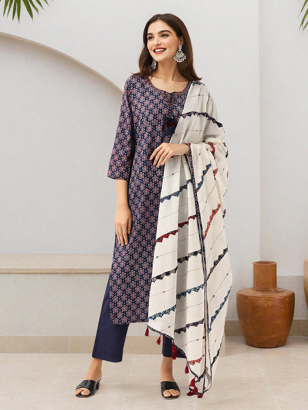 ISHIN WOMEN Navy Cotton Kurta Sets 3pcs sets