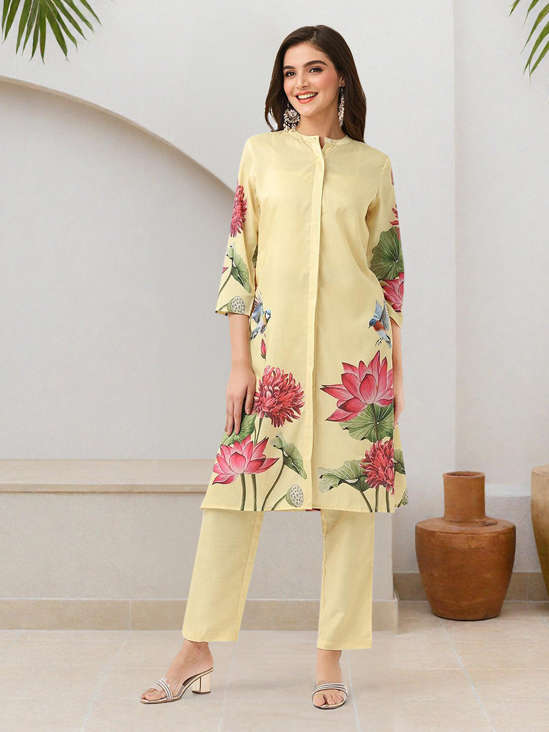 Soft Yellow Polyester Muslin Floral Printed Straight Fit Kurta Set With Dupatta