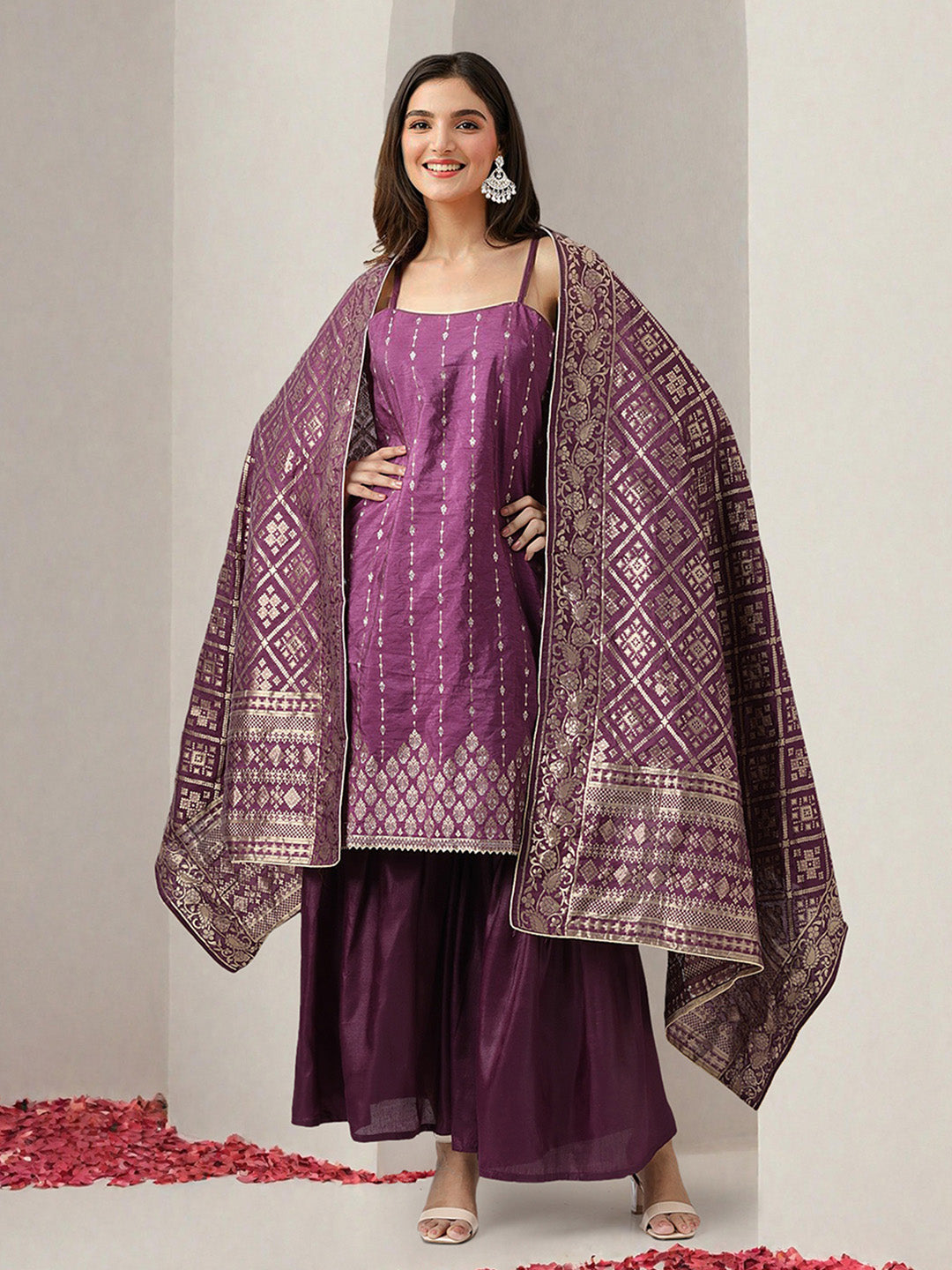 Rich Cotton Zari Purple  A-Line Kurta Set With Palazzo Bottom And Brocade Dupatta