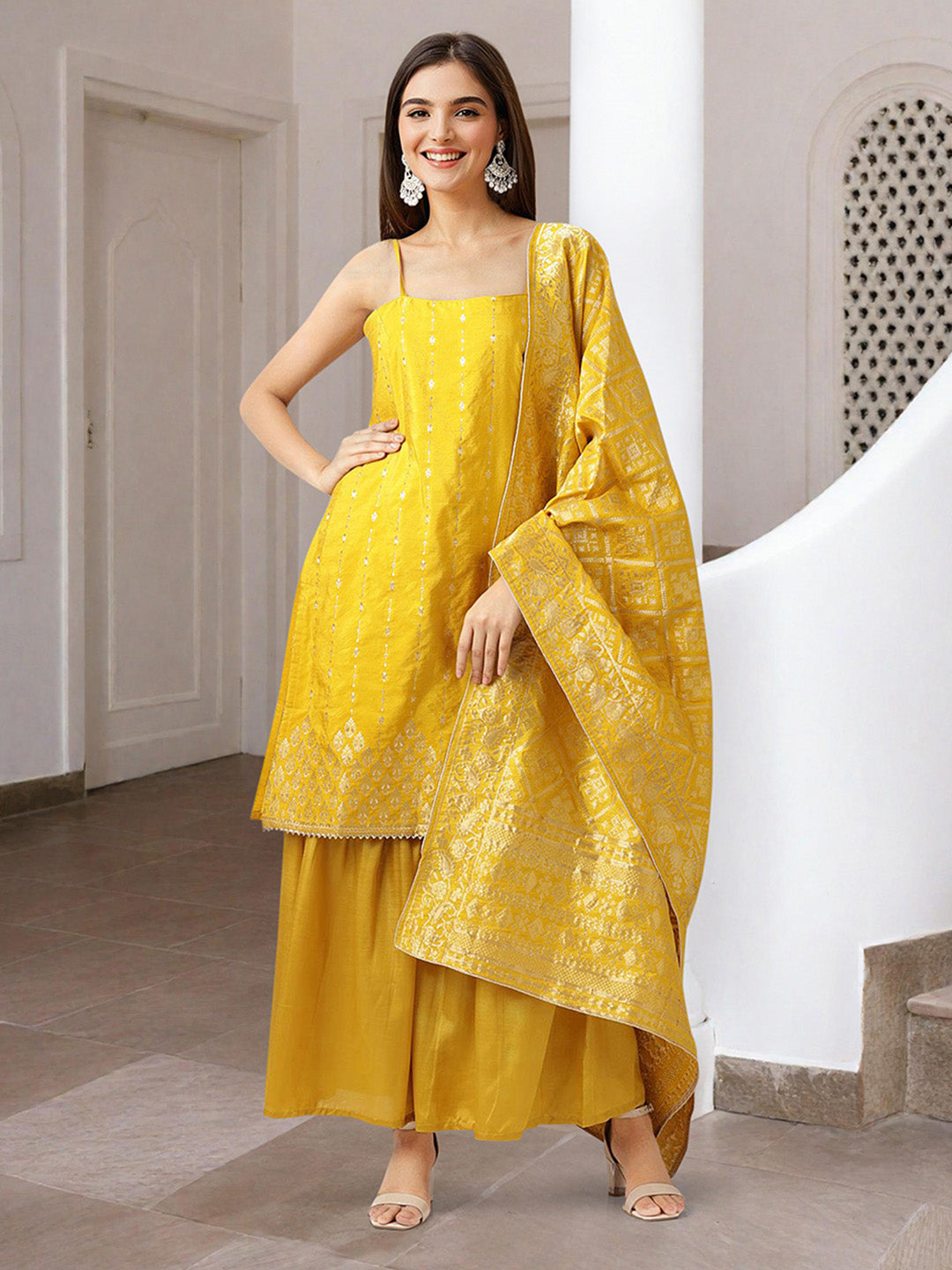 Rich Yellow Zari A-Line Kurta Set With Palazzo Bottom And Brocade Dupatta