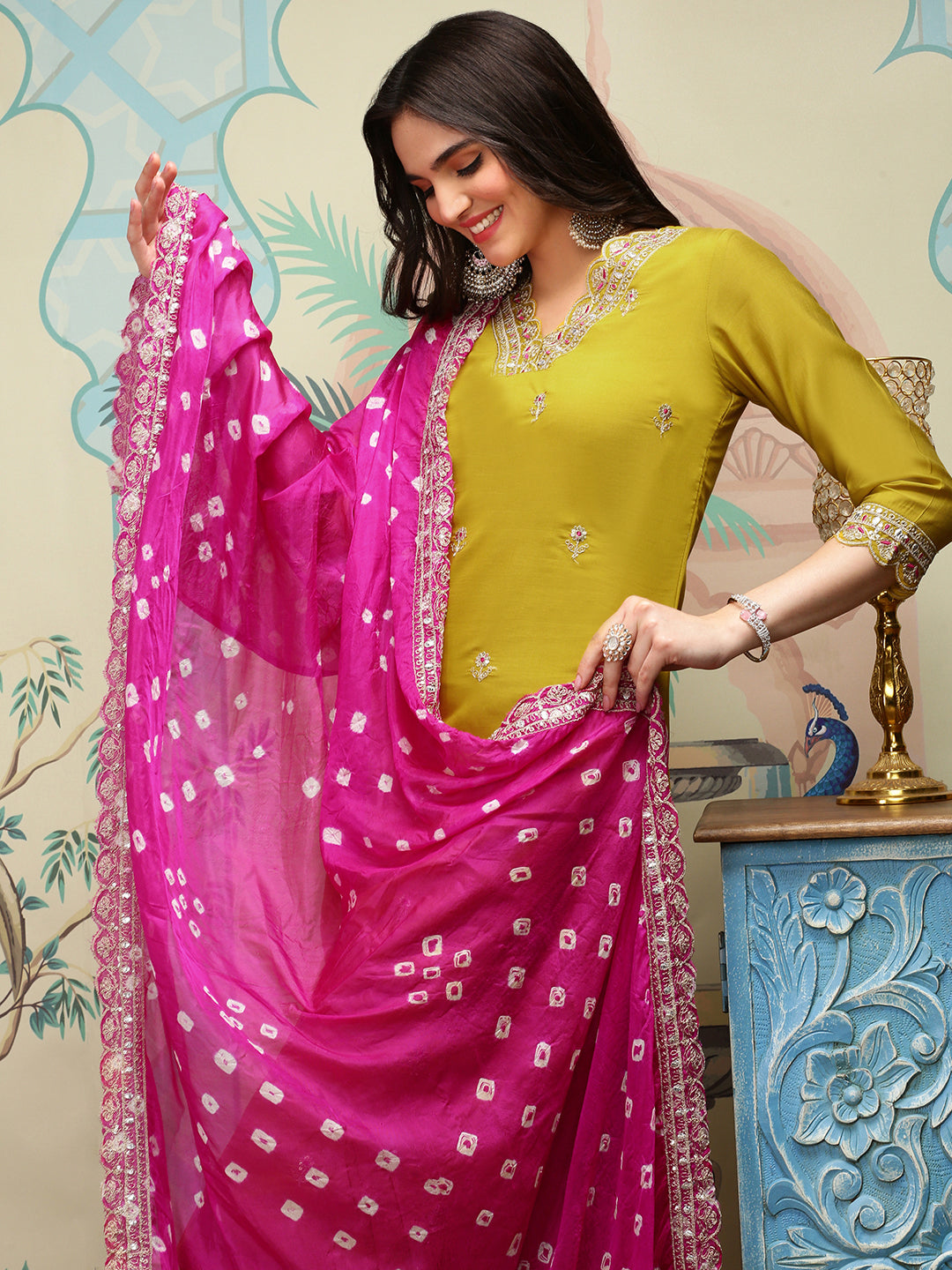 Yellow Floral Embroidered Thread Work Straight Kurta With Trousers & With Dupatta