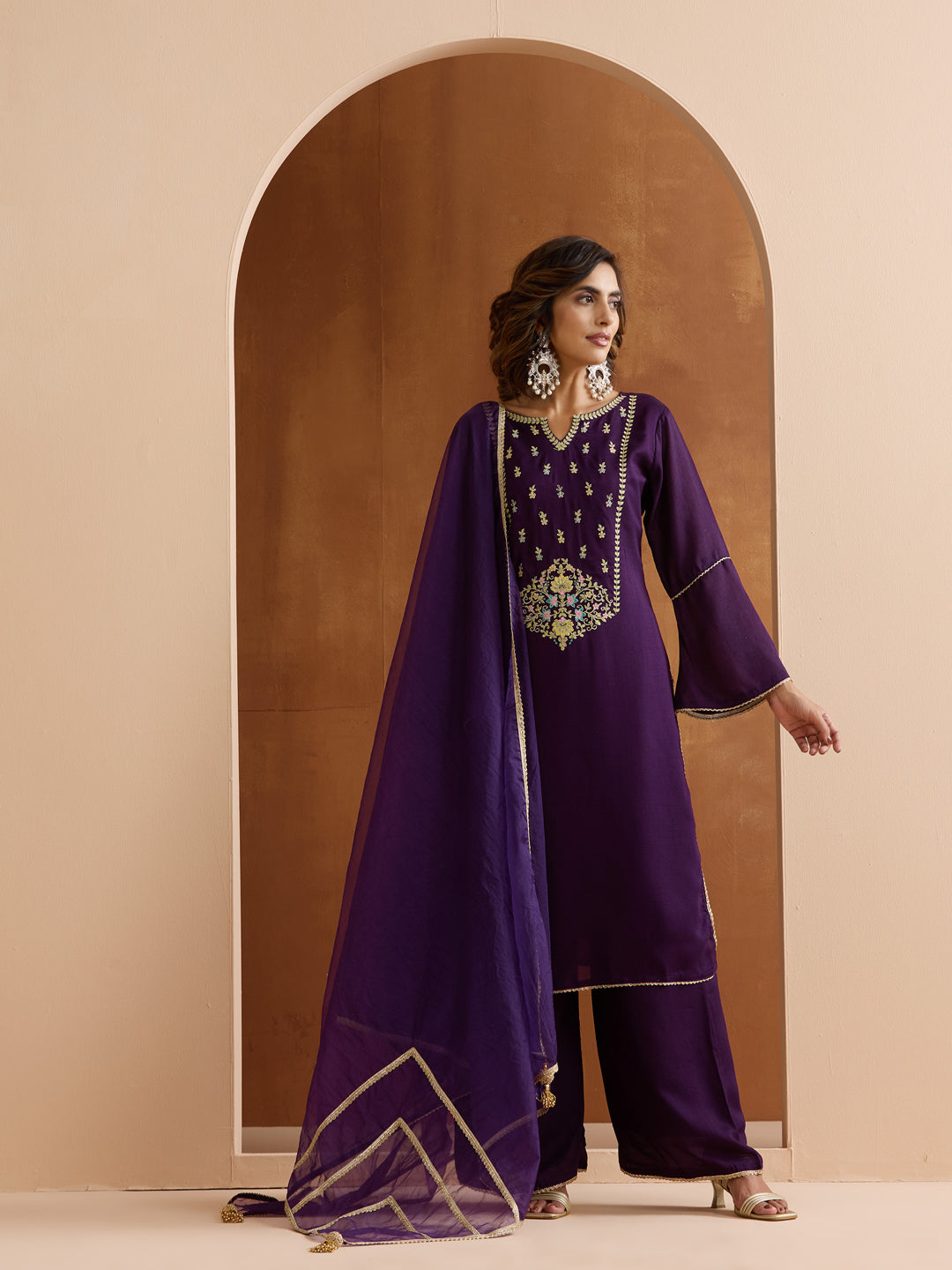 Ishin Women Purple Vichitra Nylon Organza Kurta Set