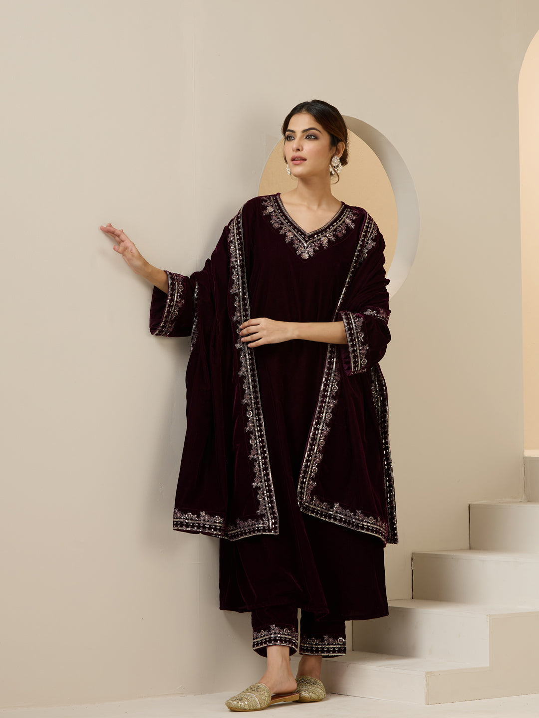 Rich Purple Velvet Embroidered Straight Kurta Set With Straight Bottom