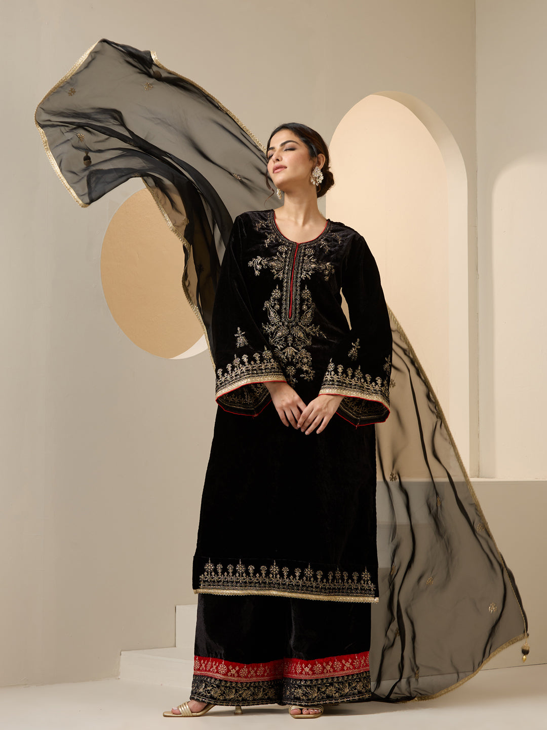 Rich Black Velvet Embroidered Straight Kurta Set With Palazzo Bottom And Dupatta