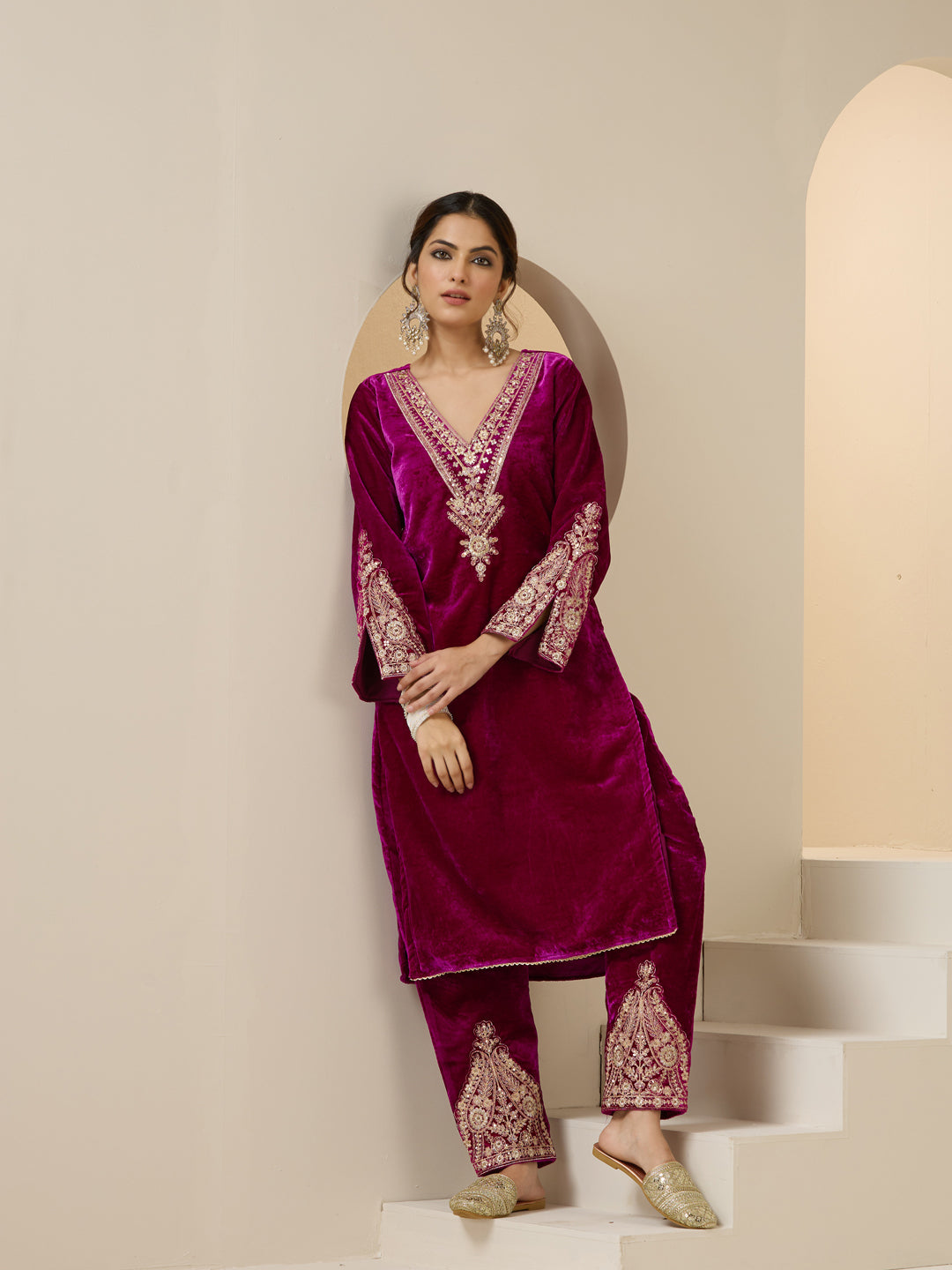 Rich Magenta Velvet Embroidered Straight Kurta Set With Straight Bottom