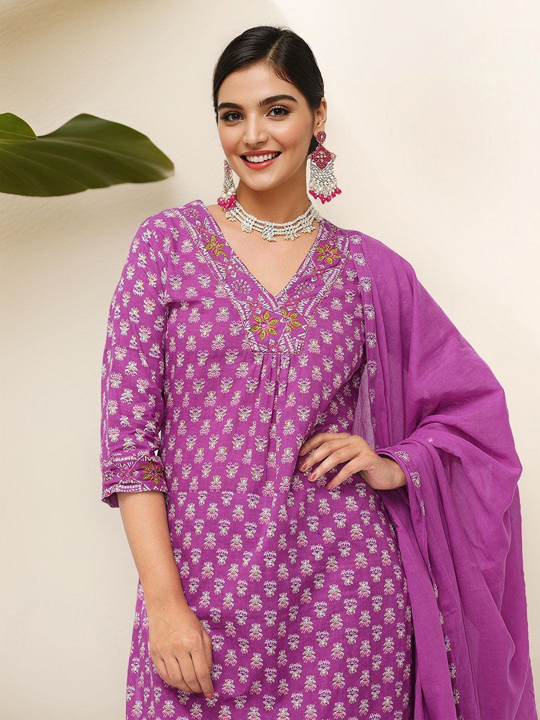 Soft Cotton Lavender Printed A-Line Kurta Set with Straight Bottom and Flowy Printed Cotton Dupatta