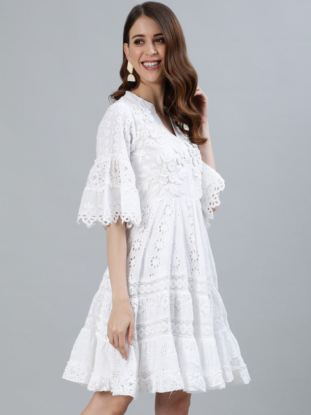 Comfy White Cotton Embellished  Fit & Flare Dress with Bell Sleeves