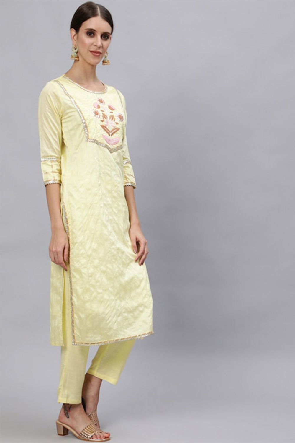 Women Yellow Embroidered Beads and Stones Kurta Set