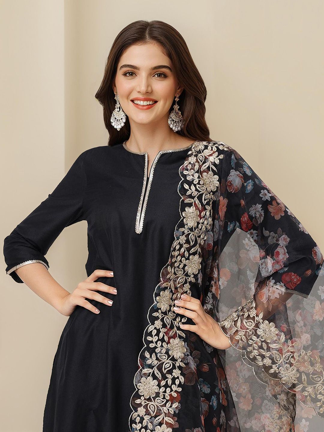 Rich Black Rayon Solid Kurta Set with Straight Bottom and Zari Embroidered Floral Organza Dupatta