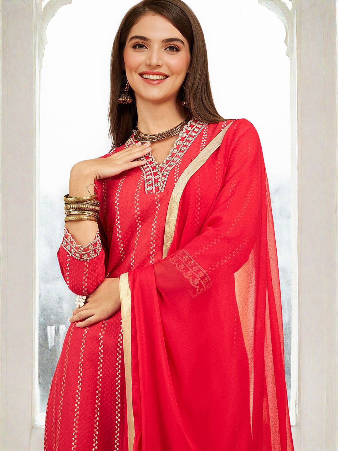 Rich Red Cotton Sequinned Straight Fit Kurta Set With Straight Bottom & Soft Solid Dupatta