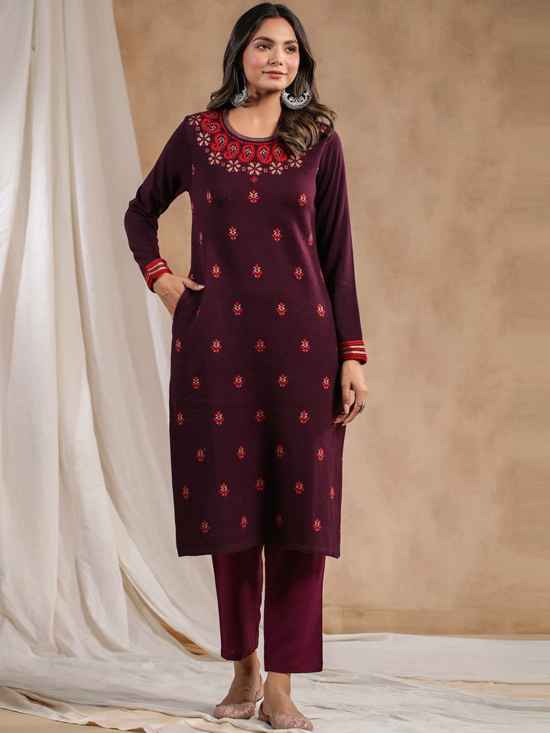 Warm Purple Acrylic Ethnic Motif Printed Kurta Set with Jacquard Knitted Design and Straight Bottom