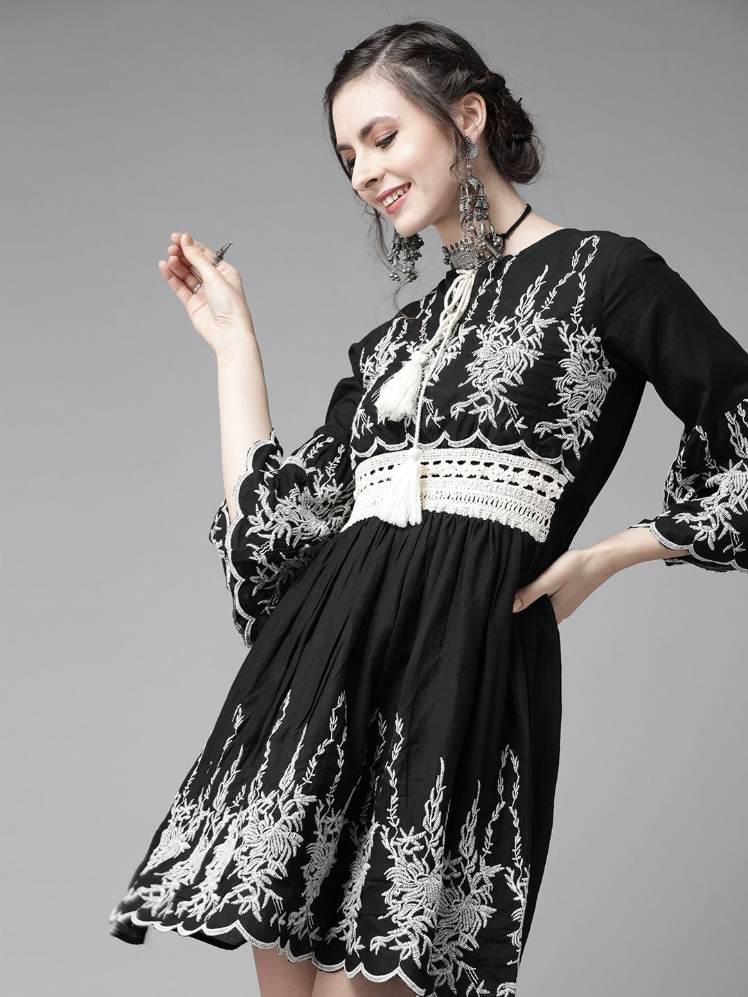 Comfy Black Cotton Embroidered Fit & Flare Dress with Bell Sleeves and Scalloped Hemline