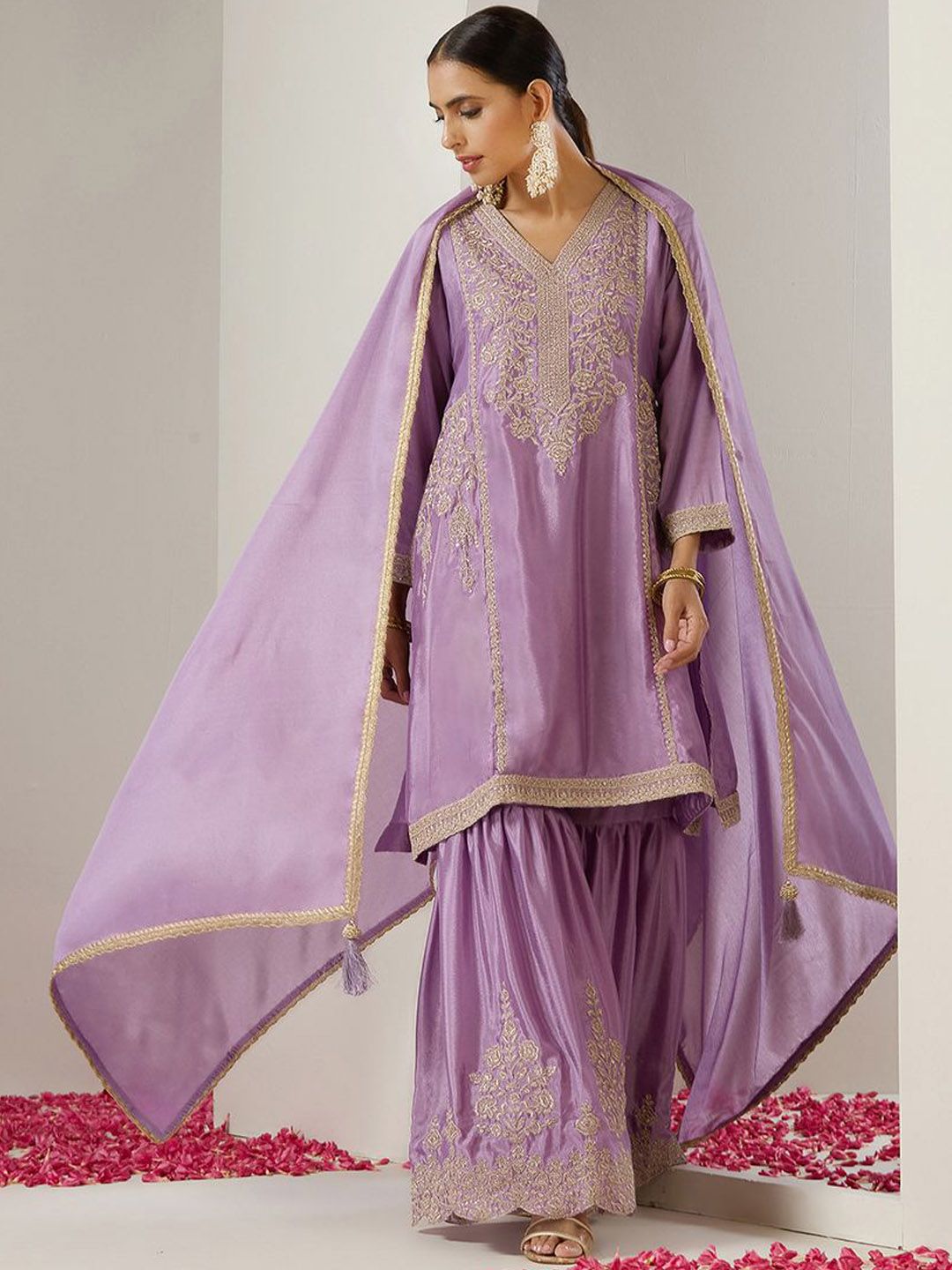 Rich Lavender Chinon Zari Embroidered Kurta Set with Sharara Bottom and Gotta Patti Tassel Dupatta