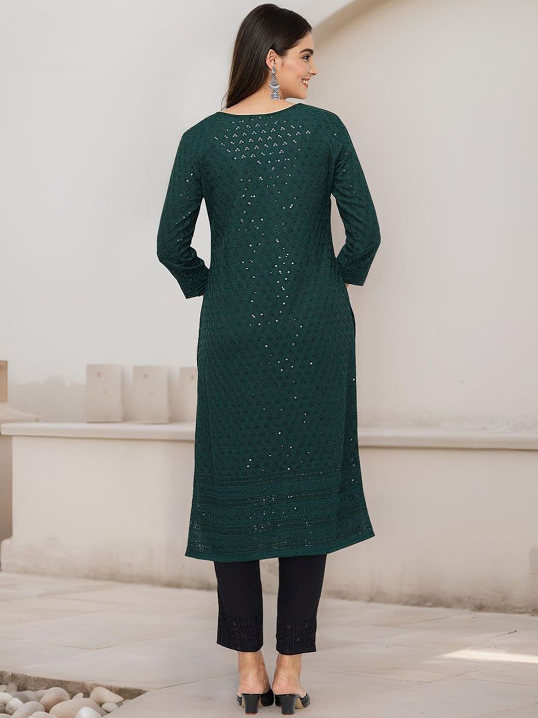 Rich Green Viscose Rayon Sequined Embroidered Kurta Set with Straight Bottom