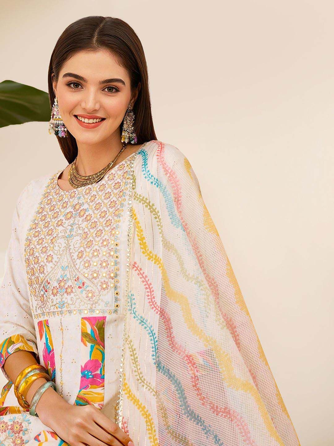 Soft Cotton Blend White Zari Embroidered A-Line Kurta Set with Straight Bottom And Sheer Net Printed Dupatta