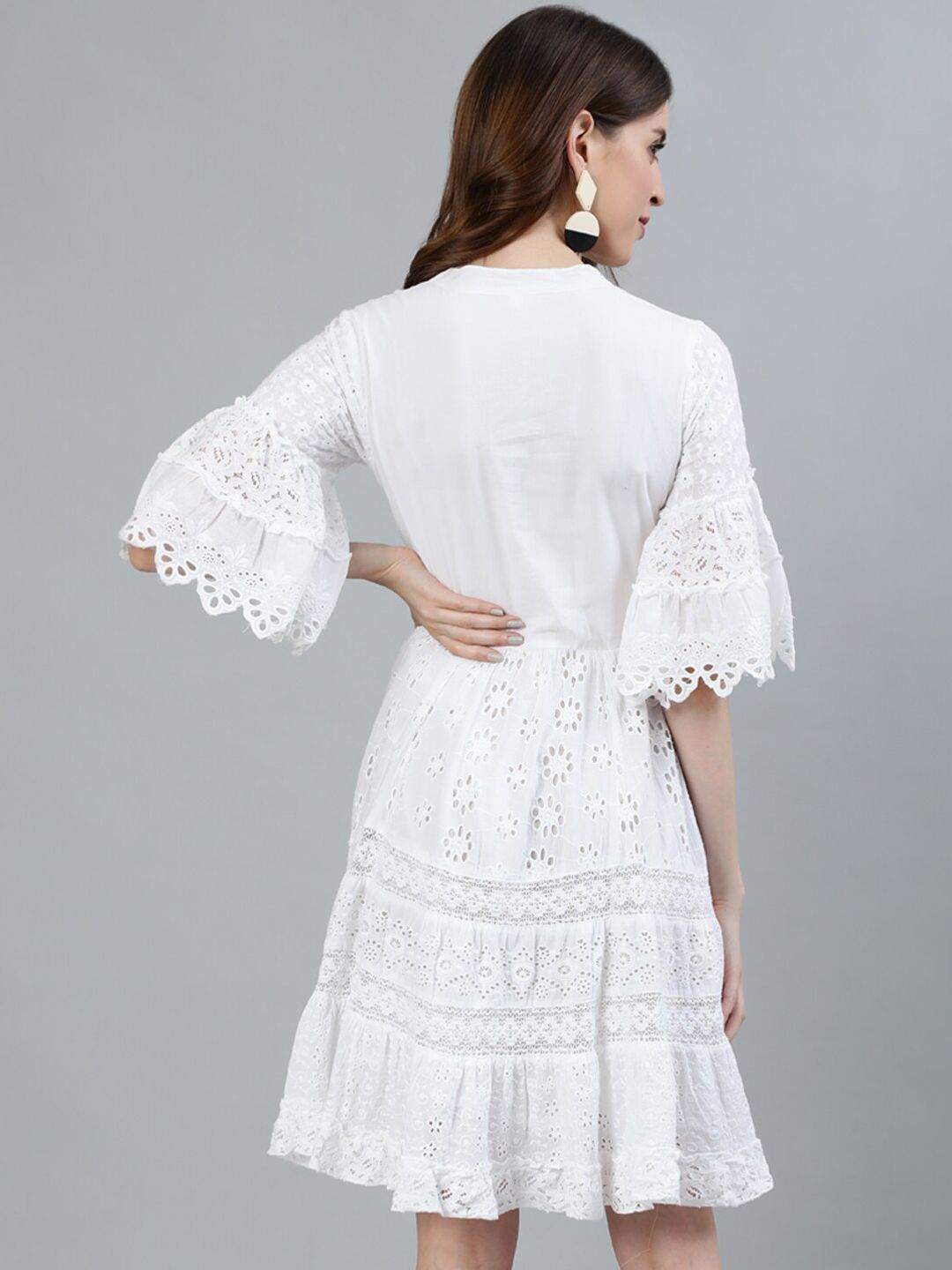 Comfy White Cotton Embellished  Fit & Flare Dress with Bell Sleeves