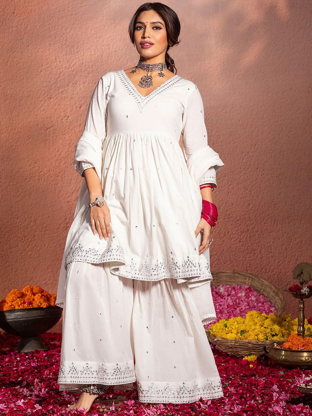 Rich White Cotton Mirror Embroidered A-Line Kurta Set with Sharara Bottom and Pure Cotton Dupatta