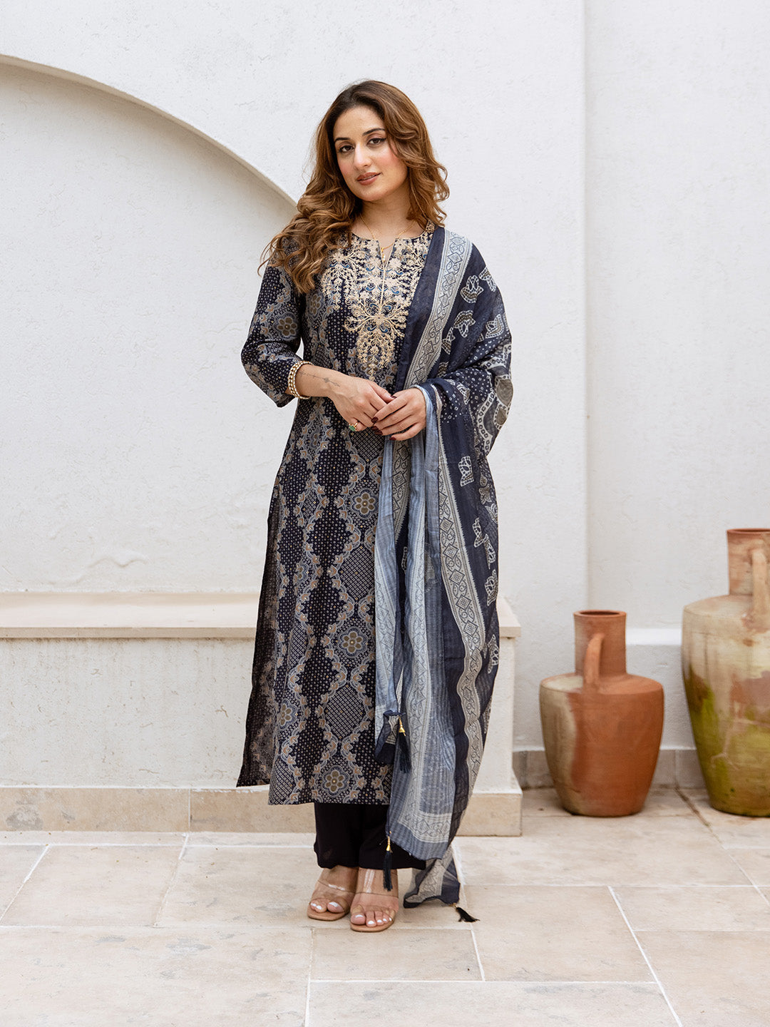 Soft Modal Zari BLUE Printed Straight Kurta sets Straight Bottom Soft Cotton Printed Dupatta Abstract Print