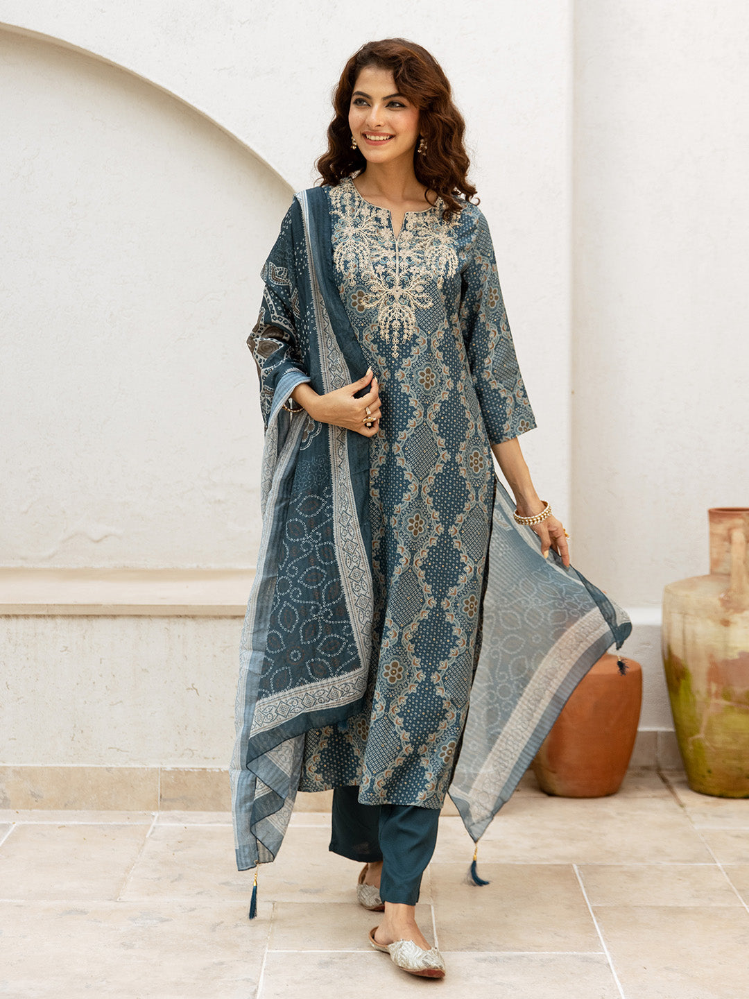 Soft Green Modal Muslin Embroidered A-Line Kurta Set With Flowy Printed Dupatta