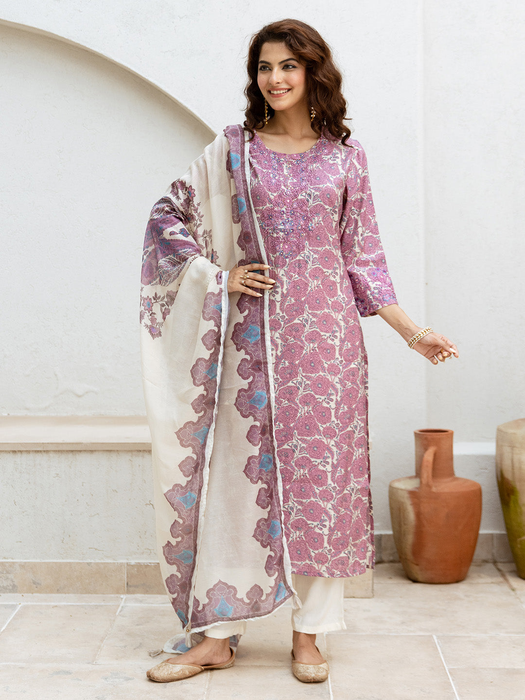 Soft Pink Modal Muslin Floral A-Line Kurta Set With Flowy Printed Dupatta