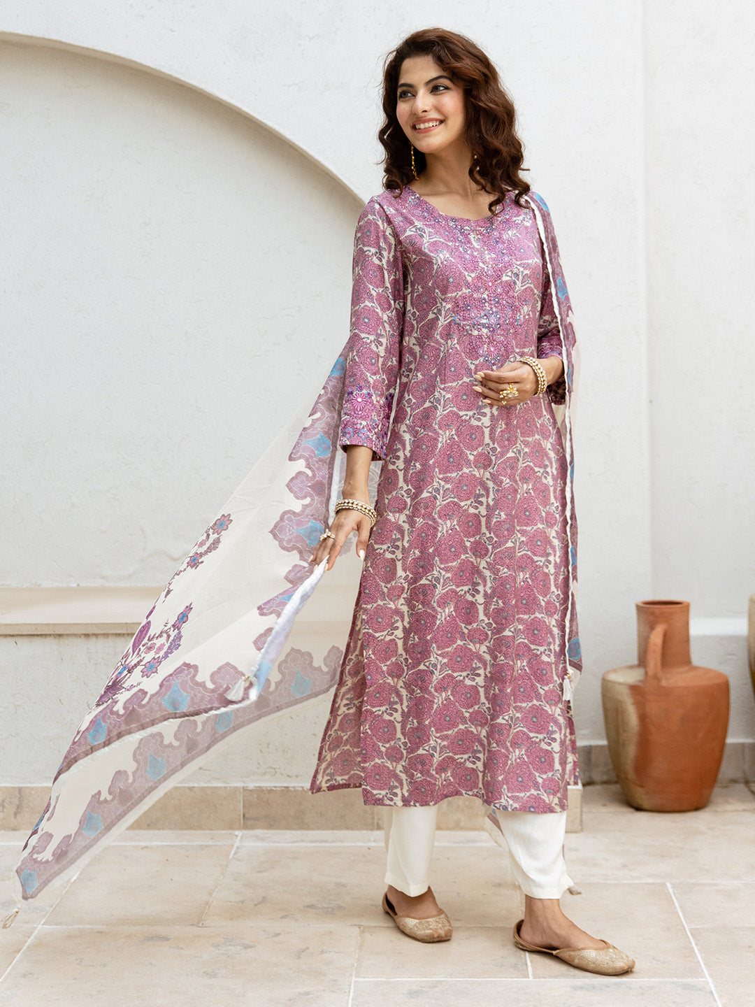 Soft Pink Modal Muslin Floral A-Line Kurta Set With Flowy Printed Dupatta