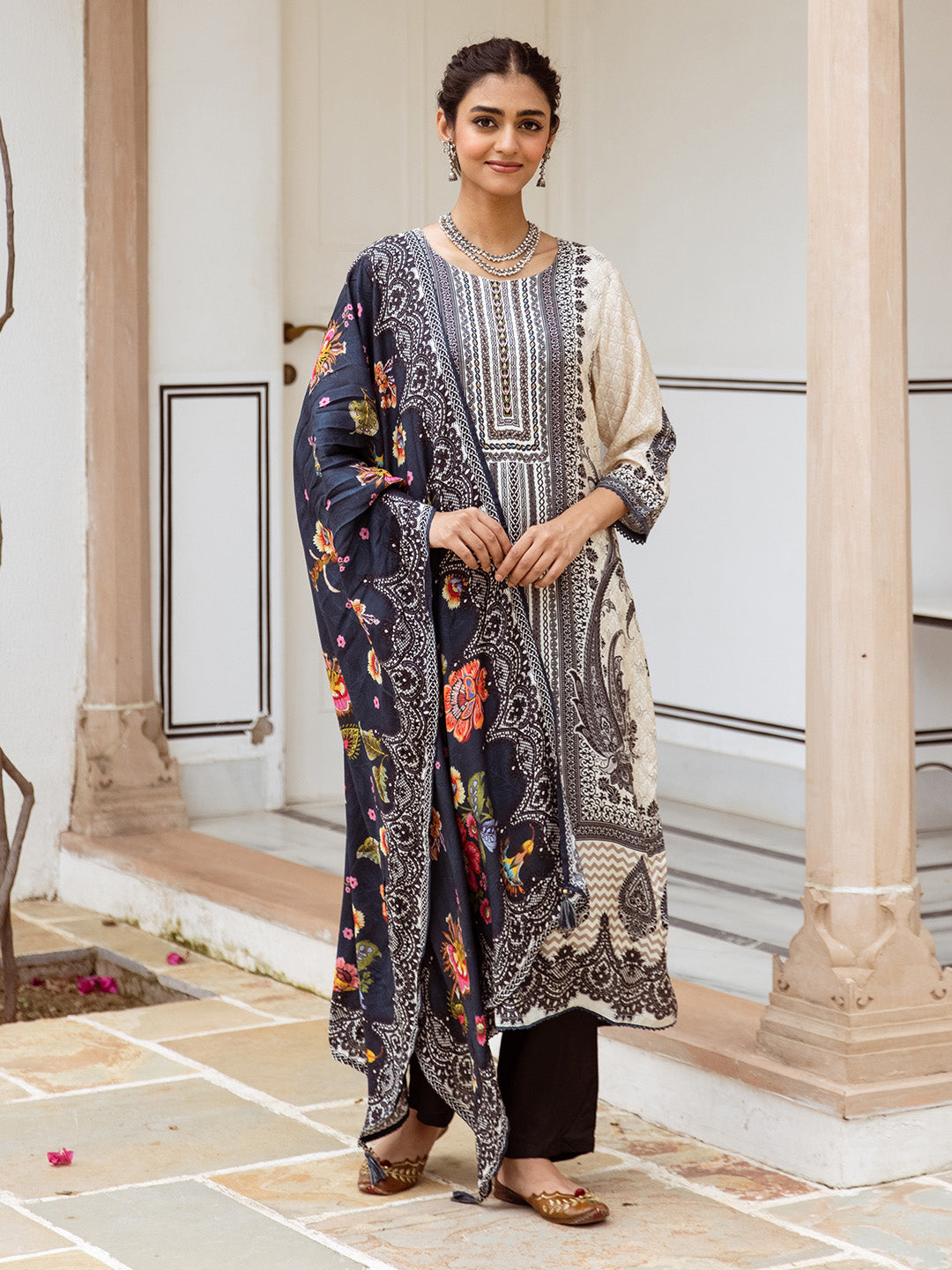 Cream Viscose Muslin A-Line Kurta Set With Flowy Printed Dupatta