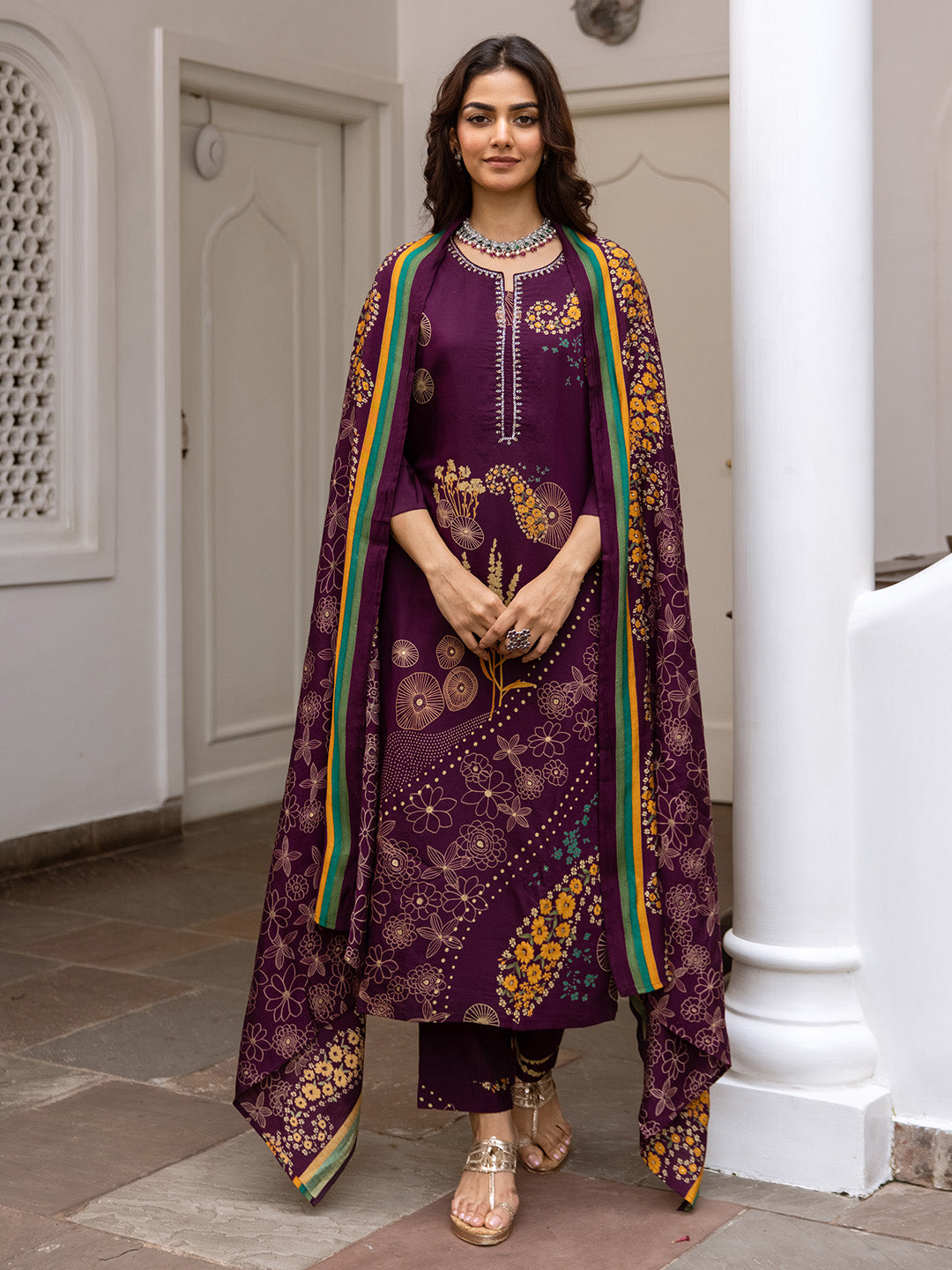 Soft Purple Modal Muslin A-Line Kurta Set With Flowy Printed Dupatta