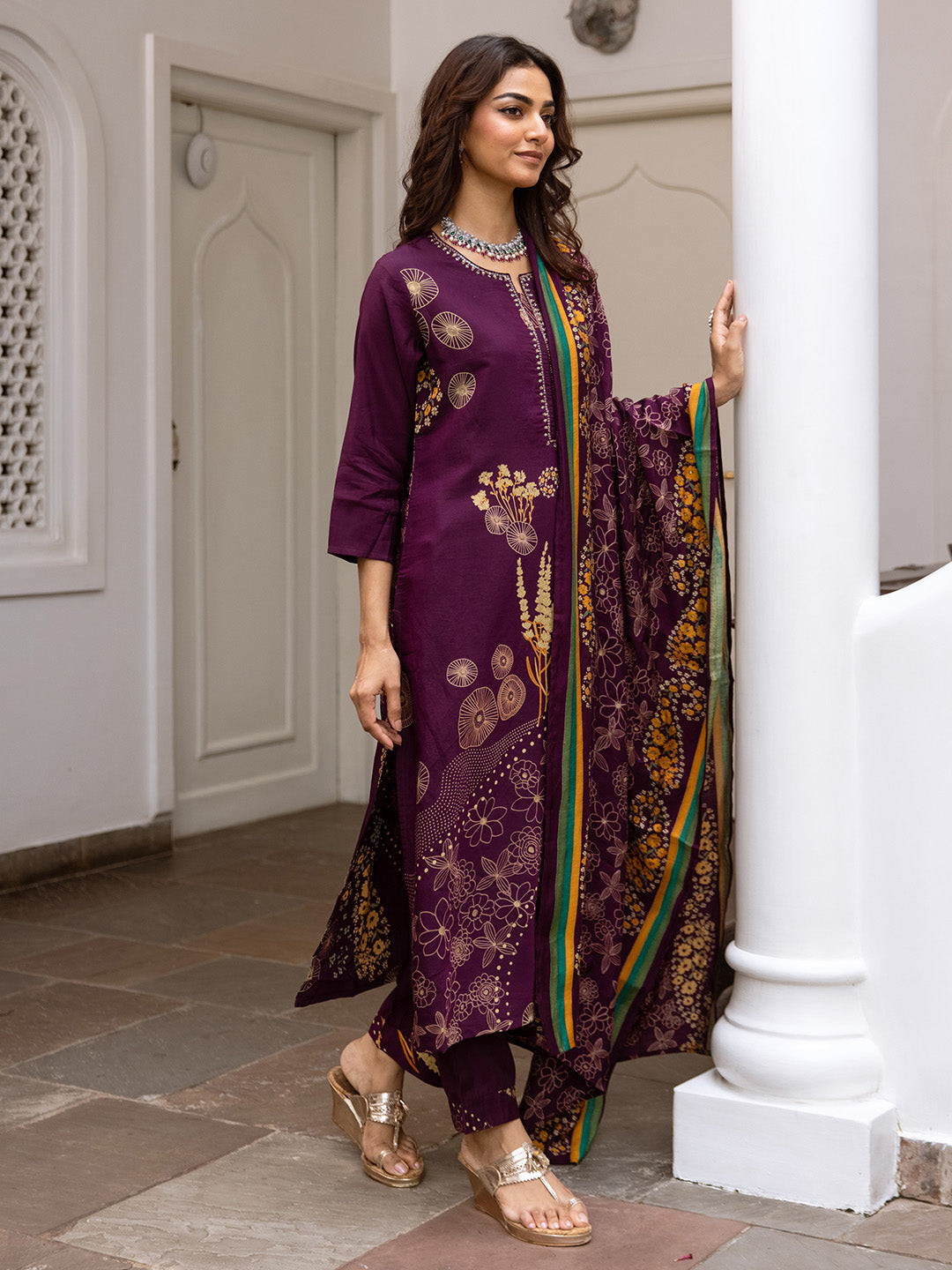 Soft Purple Modal Muslin A-Line Kurta Set With Flowy Printed Dupatta