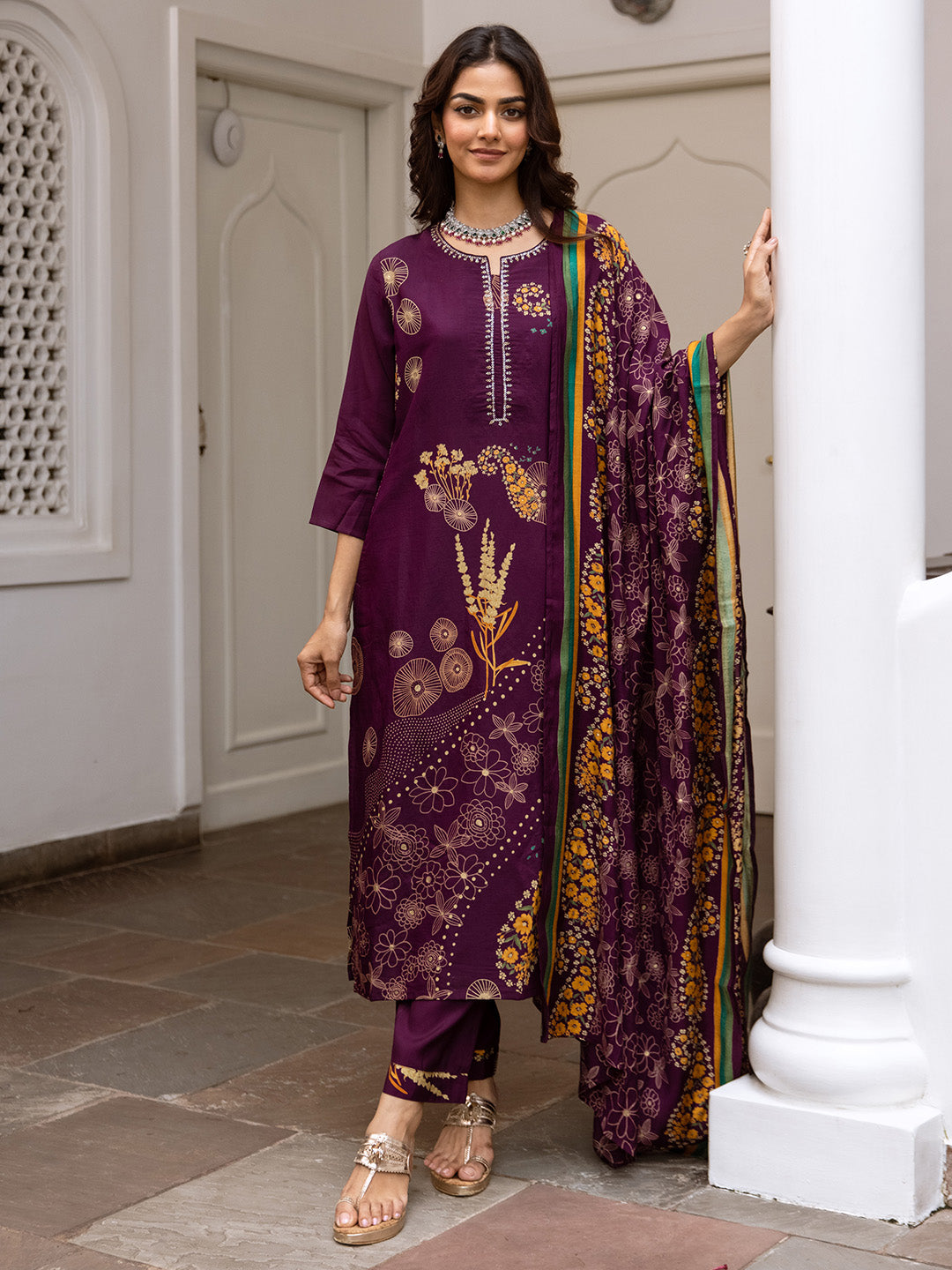 Soft Purple Modal Muslin A-Line Kurta Set With Flowy Printed Dupatta