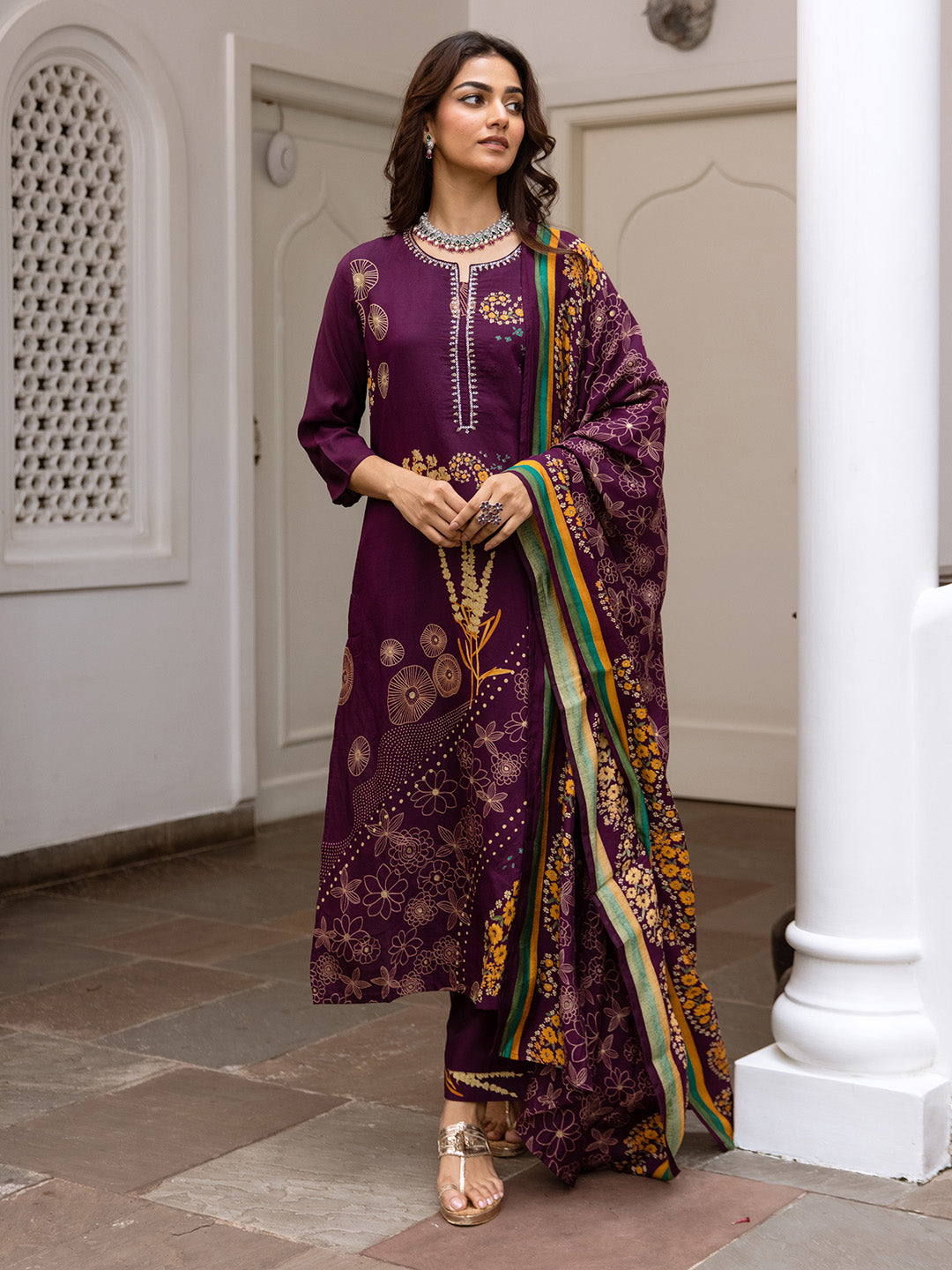 Soft Purple Modal Muslin A-Line Kurta Set With Flowy Printed Dupatta