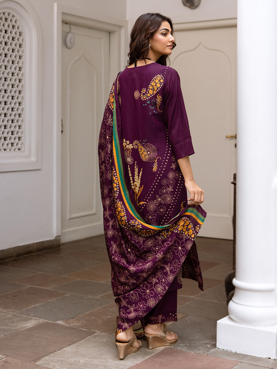 Soft Purple Modal Muslin A-Line Kurta Set With Flowy Printed Dupatta