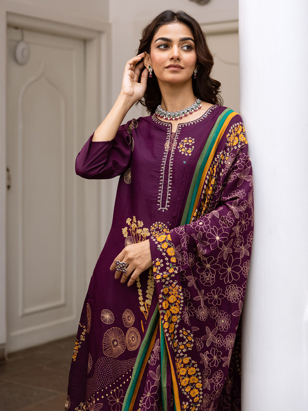 Soft Purple Modal Muslin A-Line Kurta Set With Flowy Printed Dupatta