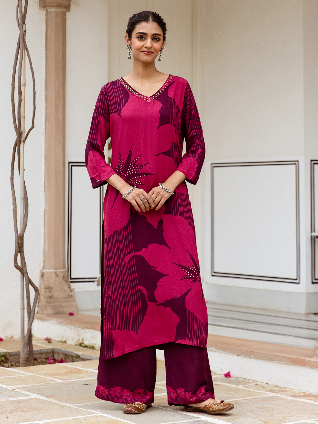 Comfy Maroon Rayon Bold Printed A-Line Kurta Set With Palazzo Bottom