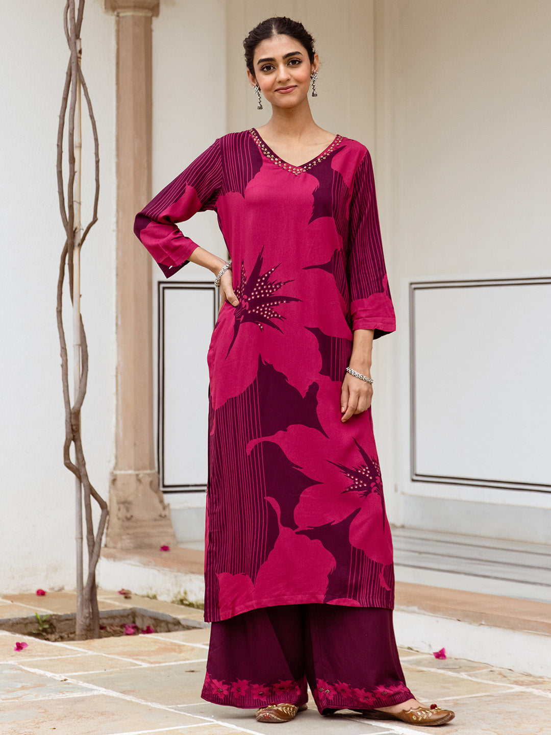 Comfy Maroon Rayon Bold Printed A-Line Kurta Set With Palazzo Bottom