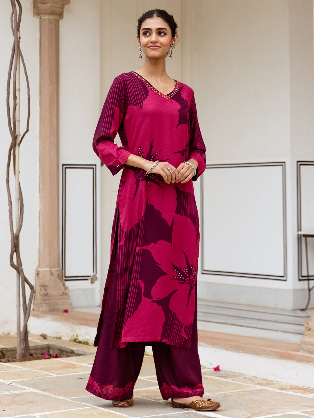 Comfy Maroon Rayon Bold Printed A-Line Kurta Set With Palazzo Bottom