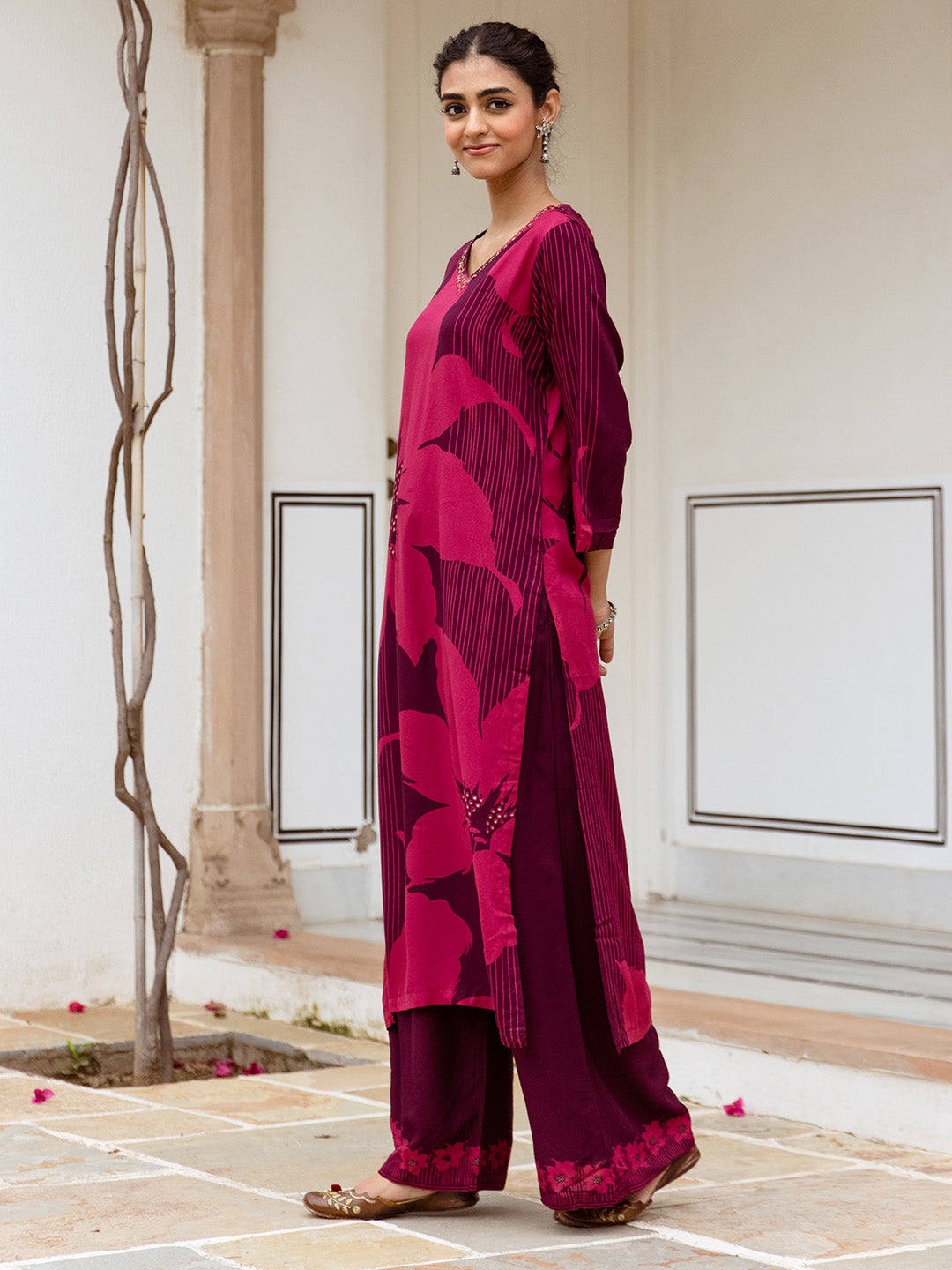 Comfy Maroon Rayon Bold Printed A-Line Kurta Set With Palazzo Bottom