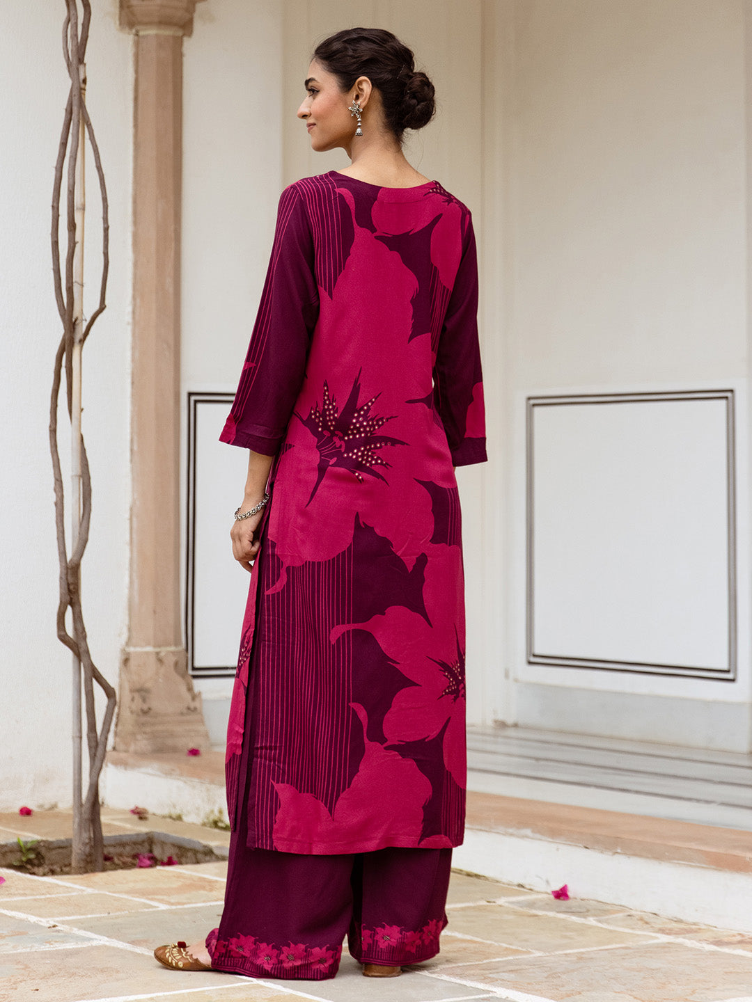 Comfy Maroon Rayon Bold Printed A-Line Kurta Set With Palazzo Bottom