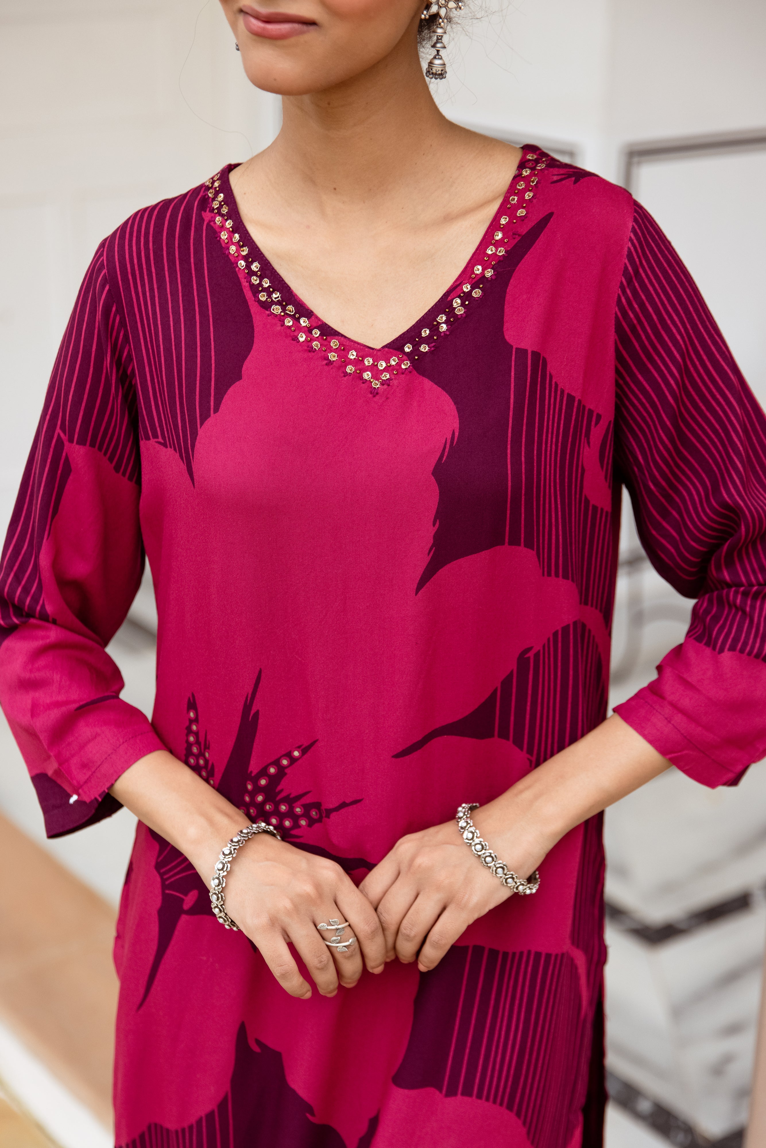 Comfy Maroon Rayon Bold Printed A-Line Kurta Set With Palazzo Bottom