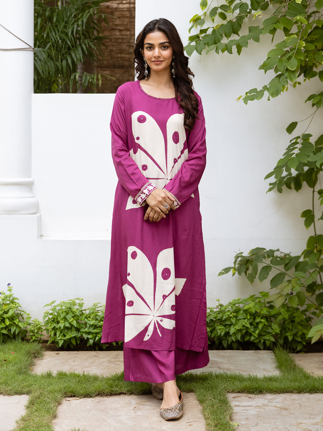 Comfy Pink Rayon Bold Printed A-Line Kurta Set With Palazzo Bottom