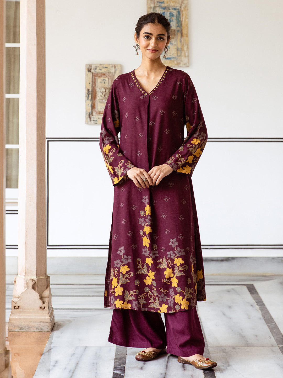 Comfy Maroon Rayon Bold Printed A-Line Kurta Set With Palazzo Bottom