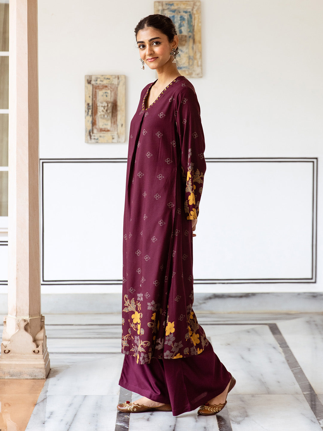 Comfy Maroon Rayon Bold Printed A-Line Kurta Set With Palazzo Bottom