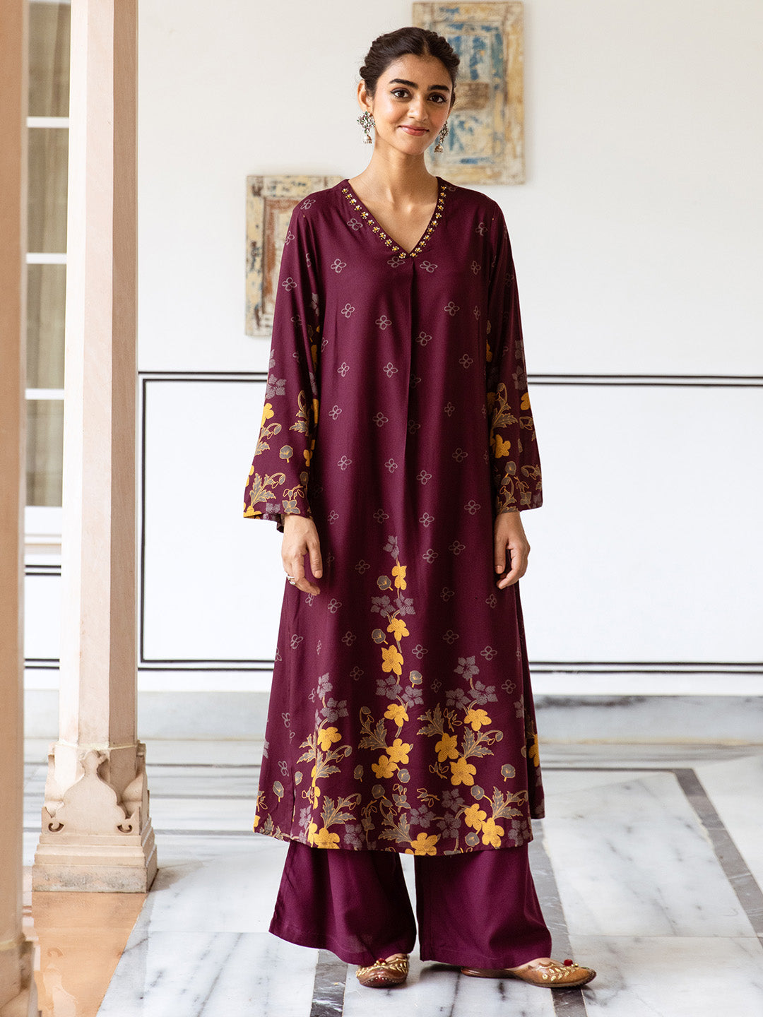 Comfy Maroon Rayon Bold Printed A-Line Kurta Set With Palazzo Bottom