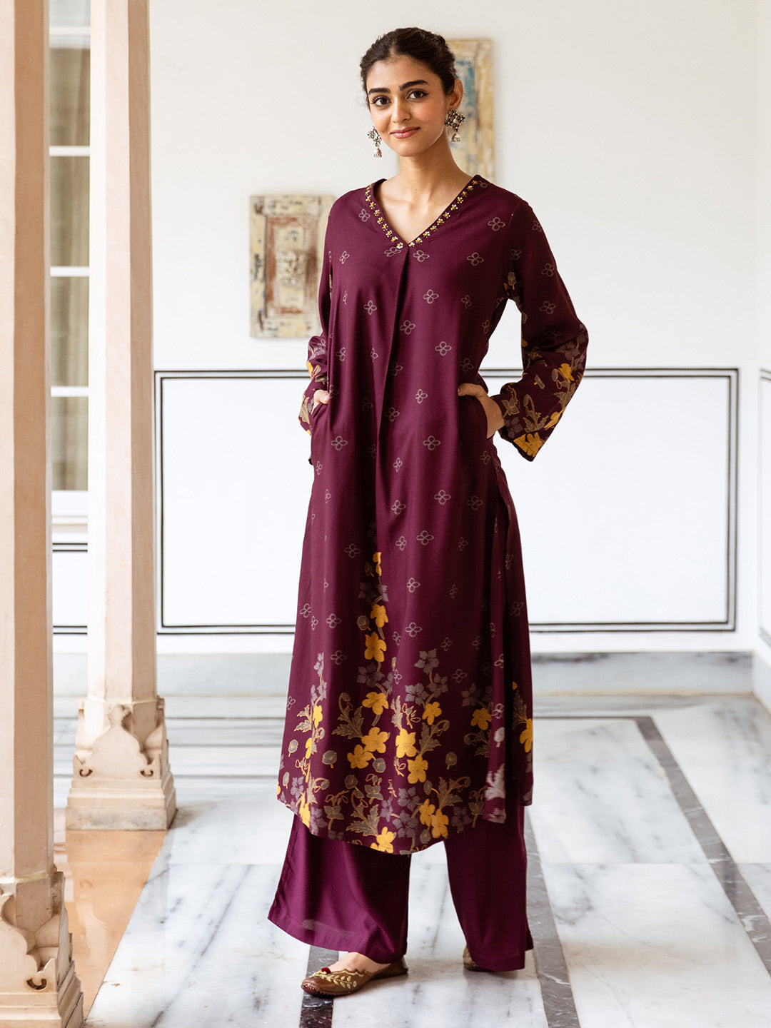 Comfy Maroon Rayon Bold Printed A-Line Kurta Set With Palazzo Bottom