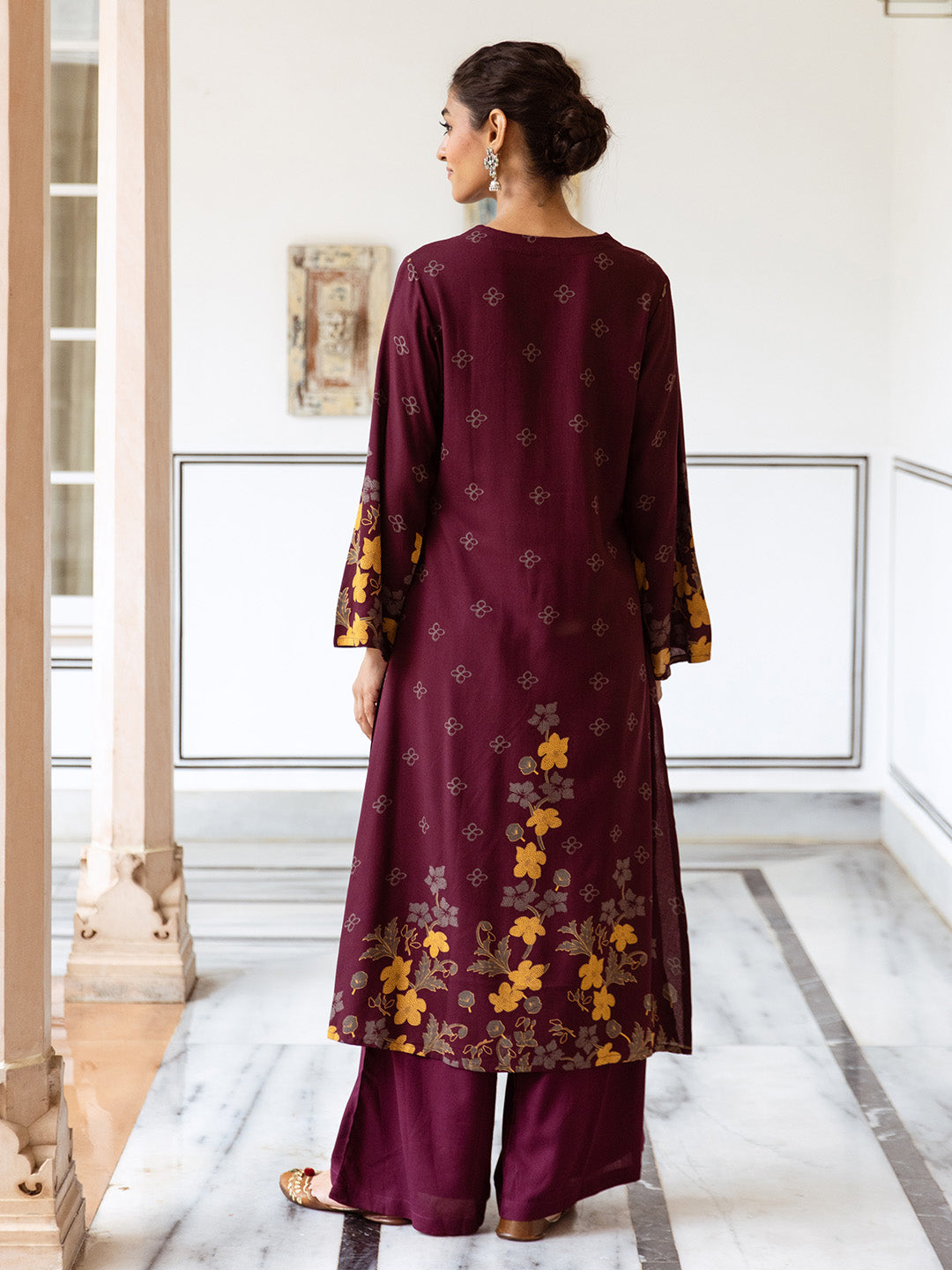 Comfy Maroon Rayon Bold Printed A-Line Kurta Set With Palazzo Bottom