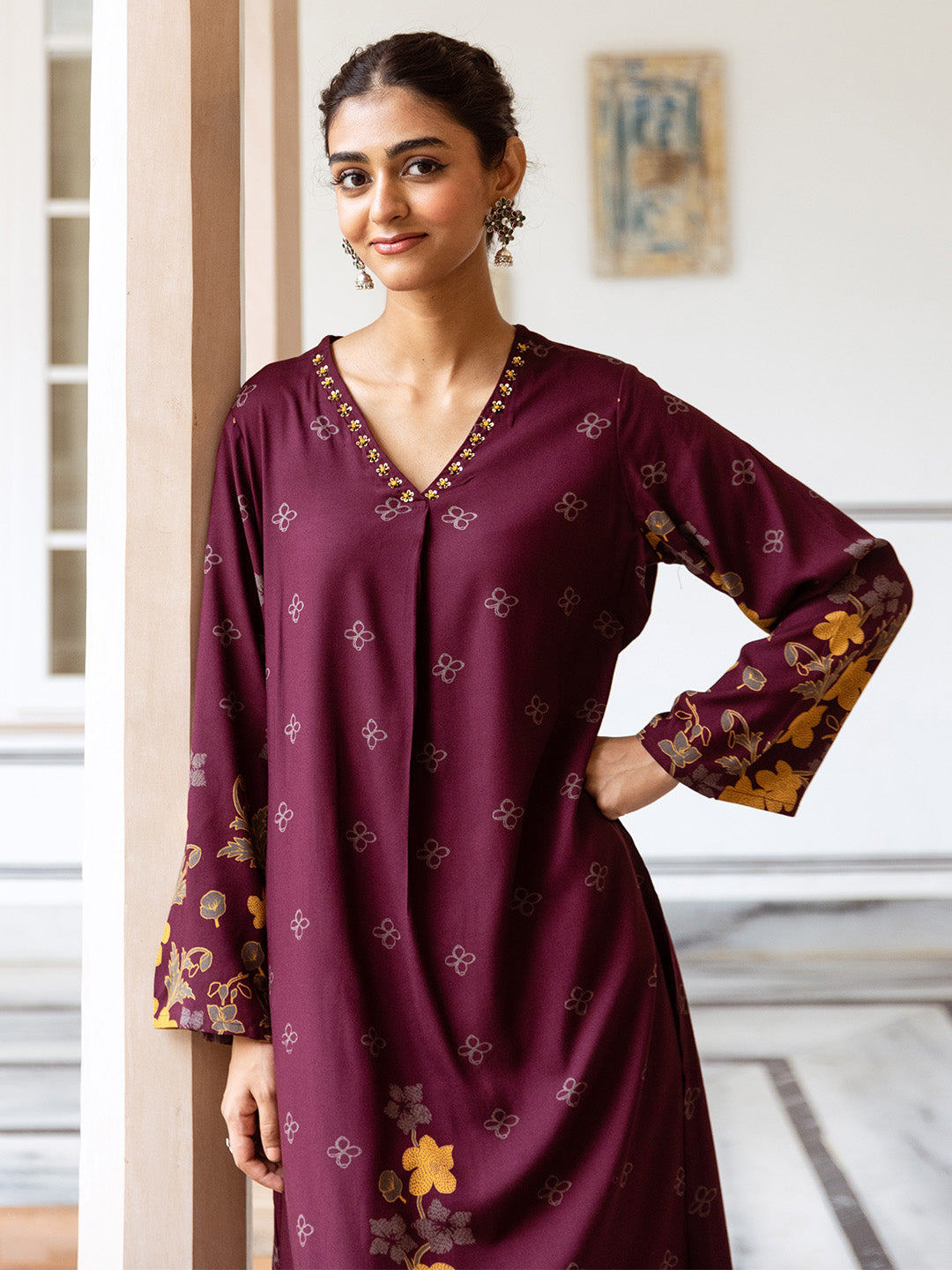 Comfy Maroon Rayon Bold Printed A-Line Kurta Set With Palazzo Bottom