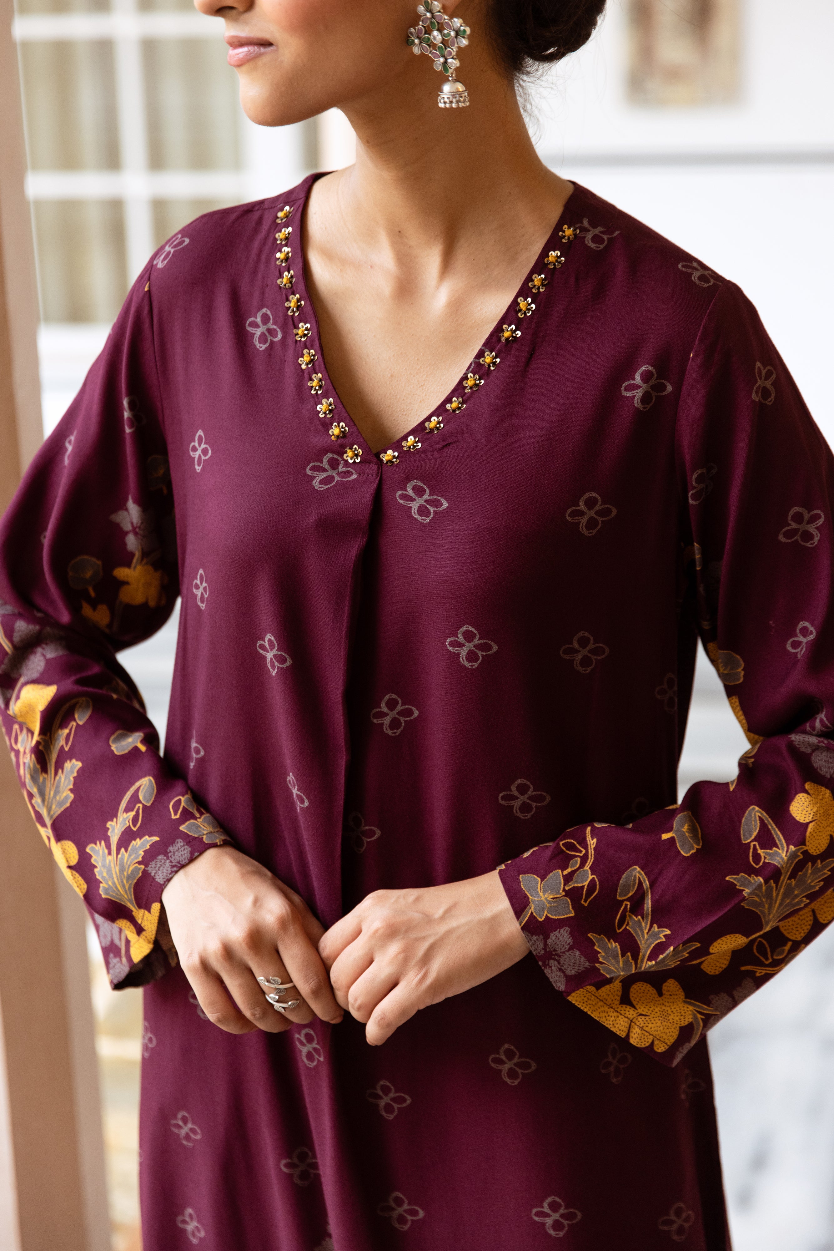 Comfy Maroon Rayon Bold Printed A-Line Kurta Set With Palazzo Bottom