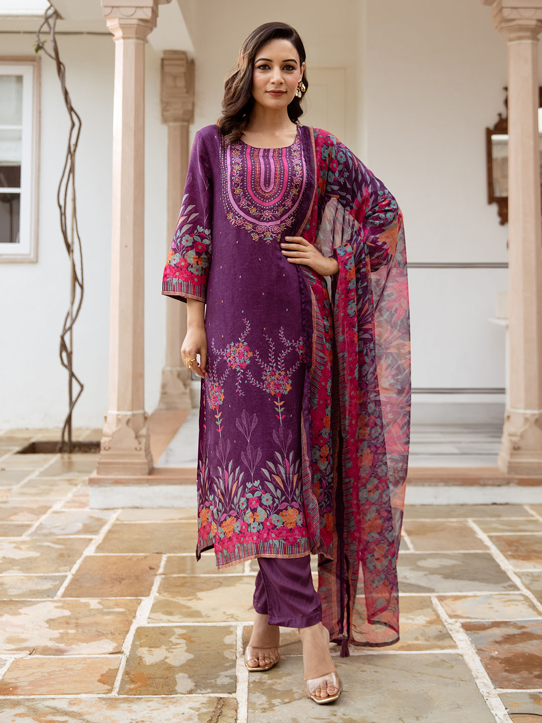 ISHIN Women PURPLE DOLA SILK 3pcs kurta set