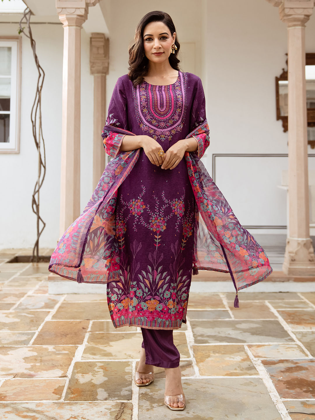 Soft Purple Dola Silk Floral A-Line Kurta Set With Flowy Printed Dupatta