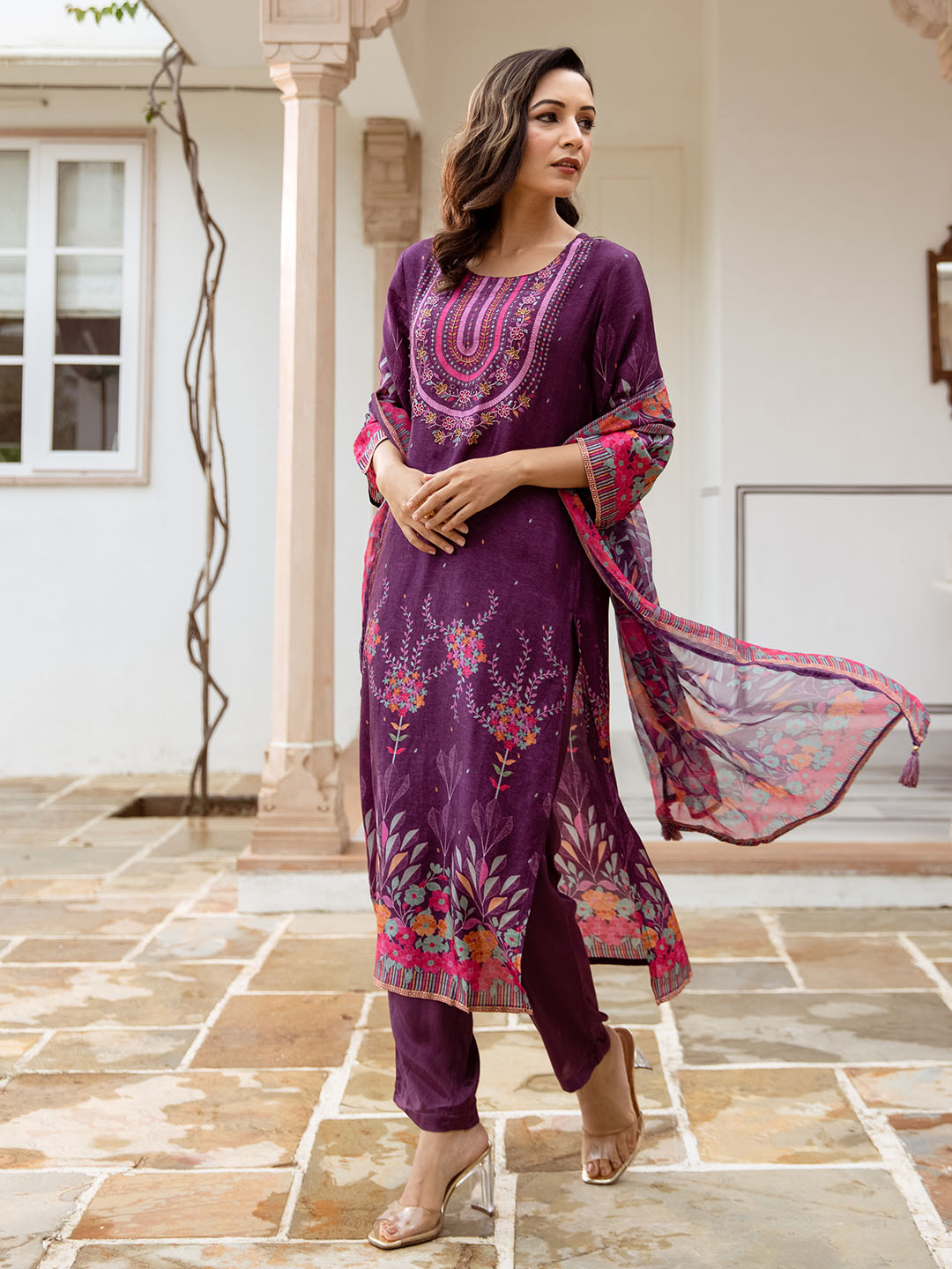 ISHIN Women PURPLE DOLA SILK 3pcs kurta set