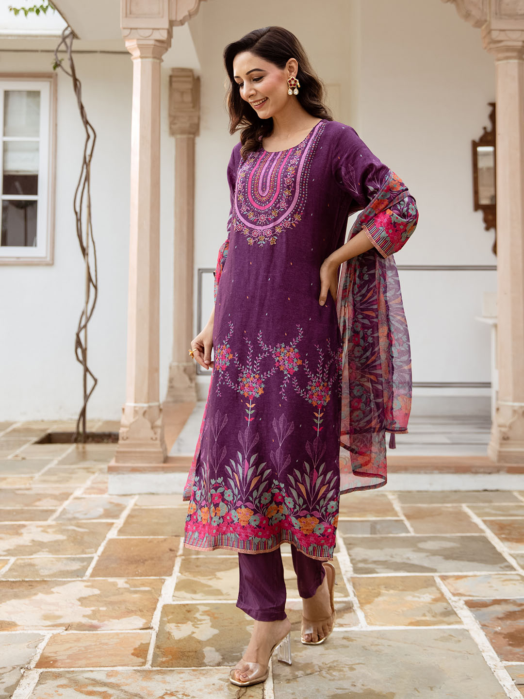 ISHIN Women PURPLE DOLA SILK 3pcs kurta set